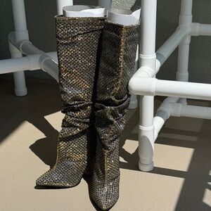 Bamboo IMMERSE Rhinestone-Studded Knee-High Boots 7.5 Silver/Gold